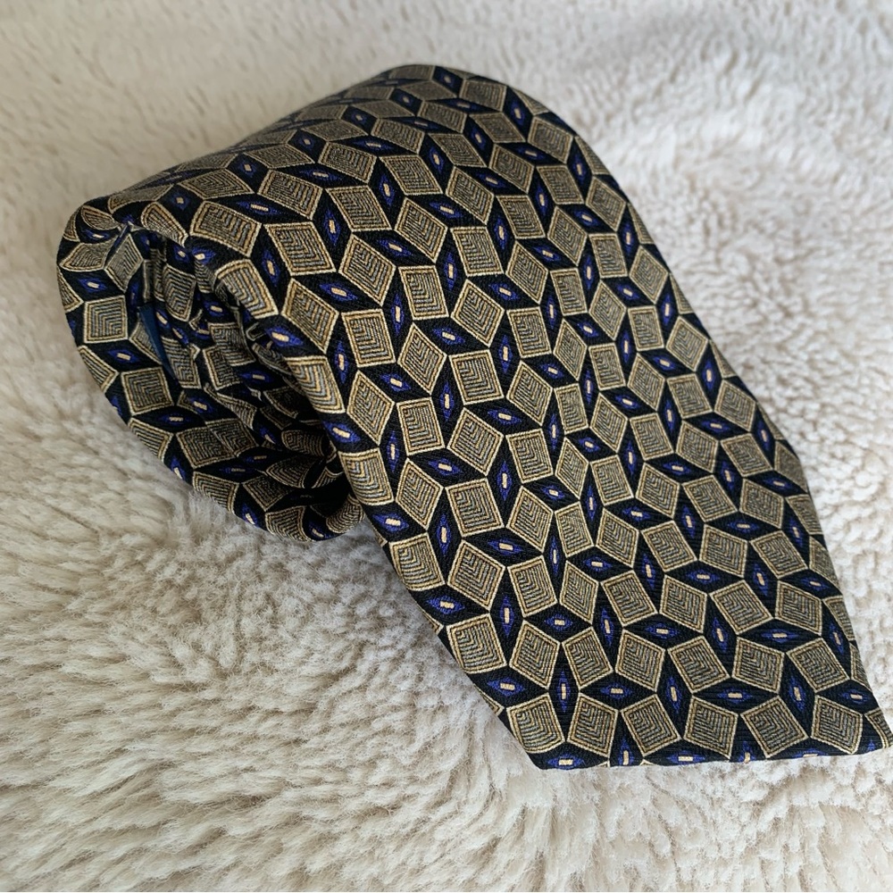 VTG Oscar de la Renta Silk Geometric Pattern Tie in Gold and Navy